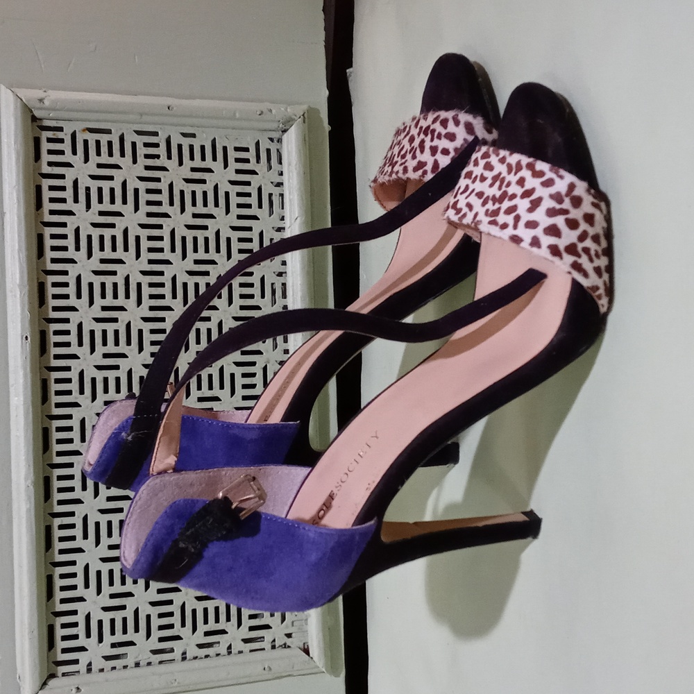 Women's Sole Society 7½ Royal Blue black cow print ankle strap 4½" heel sandal